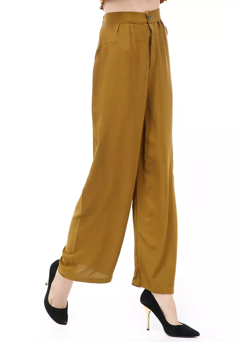 Jourel Celana Panjang Kasual Kulot Highwaist Wanita Style Kancing Resleting Material Rayon ORIGINAL - Olive