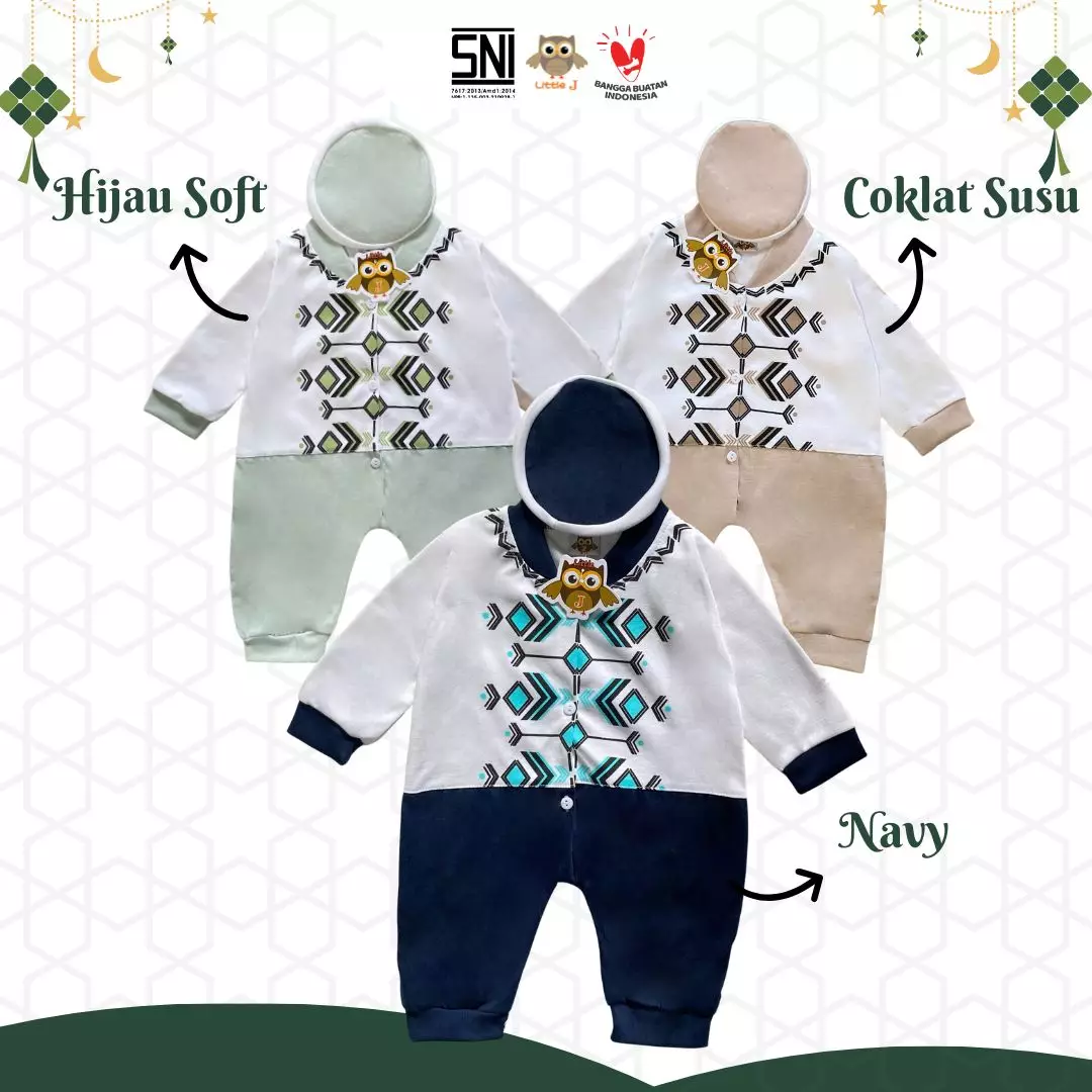 Little J - (1564 COKSU) Raya Collection Romper Koko Baby Setelan Baju Koko Bayi SNI Muslin Cowok Jumper Koko 0-9 Bulan Peci Double Knitted Sablon Aplikasi Kudung 3 Kancing Hidup