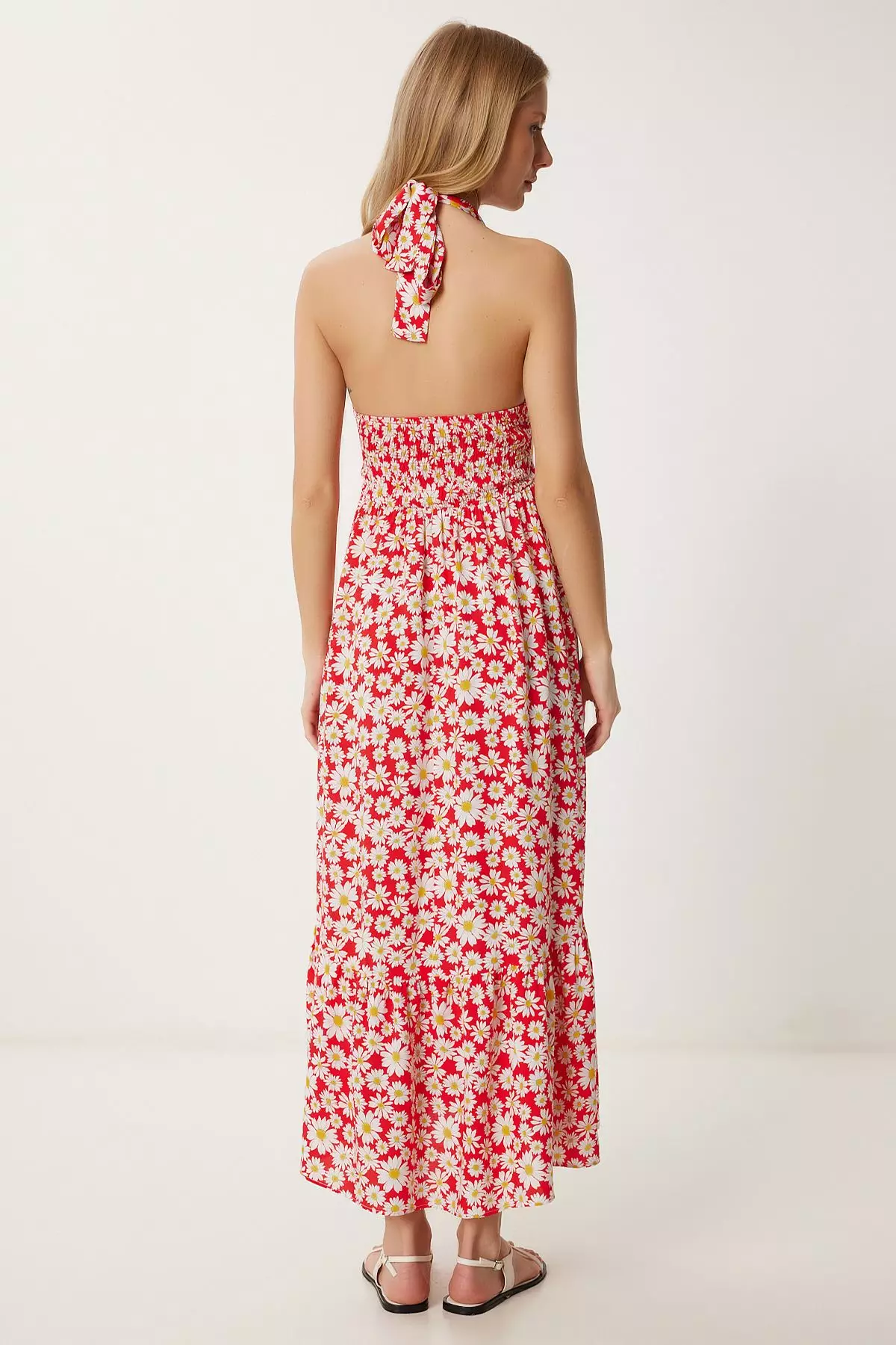 Women's Red Floral Patterned Summer Viscose Dress Fk00019