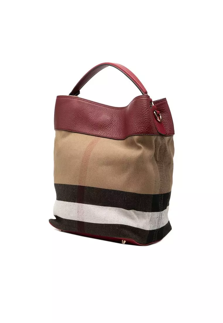 Pre-Loved Burberry Medium Mega Check Canvas And Grained Calfskin Ashby Tassel Bucket Bag