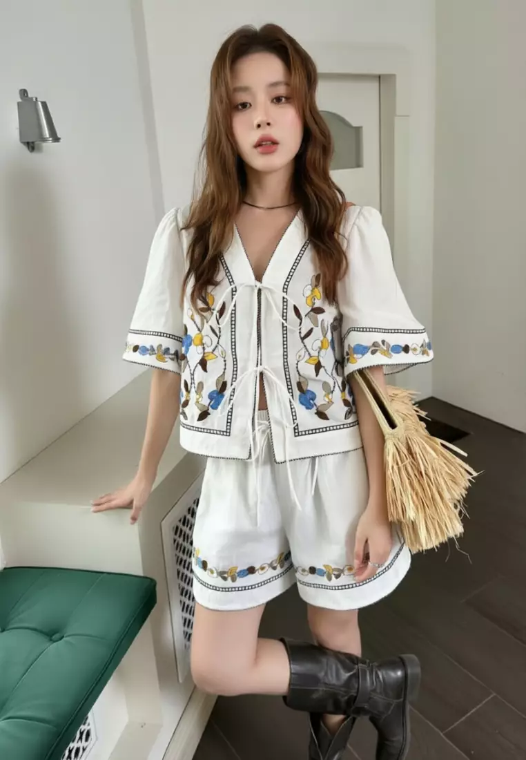 Korean style embroidered linen shirt and casual shorts set CA26033044W
