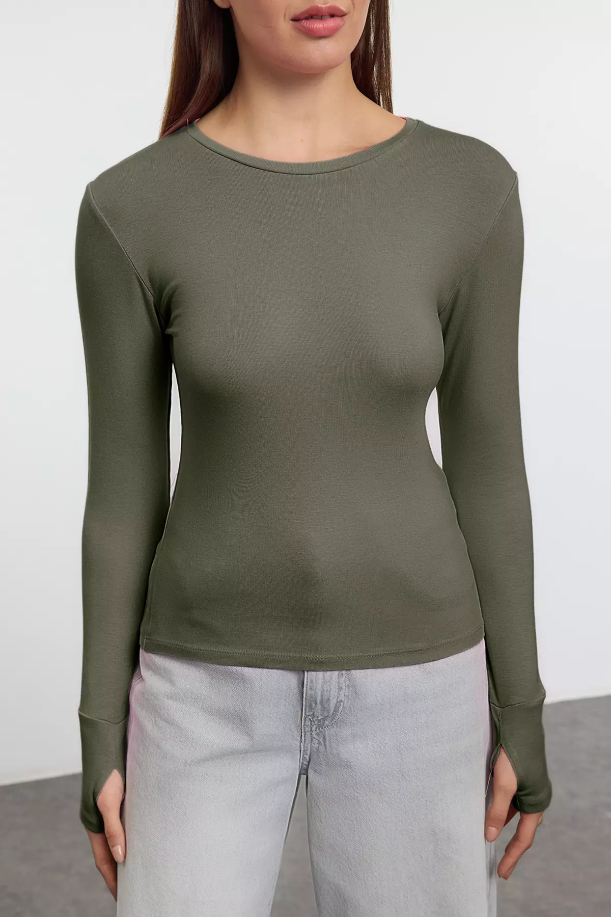 Khaki Viscose/Soft Fabric Finger-Touch Detailed Flexible Knitted Blouse