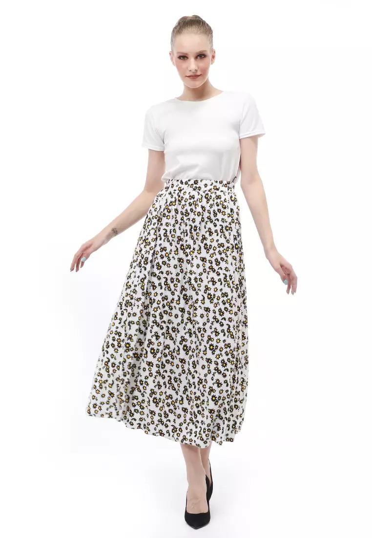 Rok Plisket Motif Print Design Vintage Rubbery Waist Bawahan Wanita - Daisy Kecil Putih