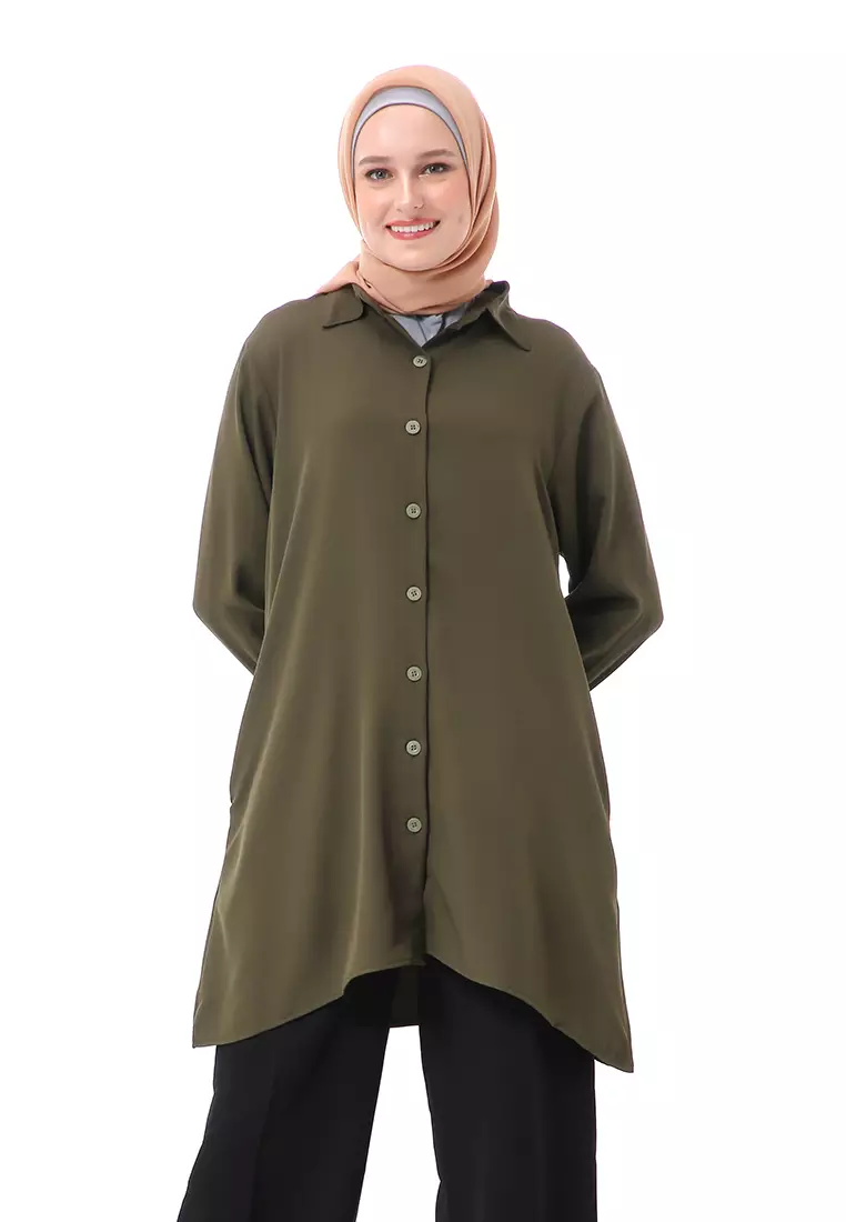 Aleina Blouse Muslimah Atasan Wanita Long Sleeve Premium High Quality - Army