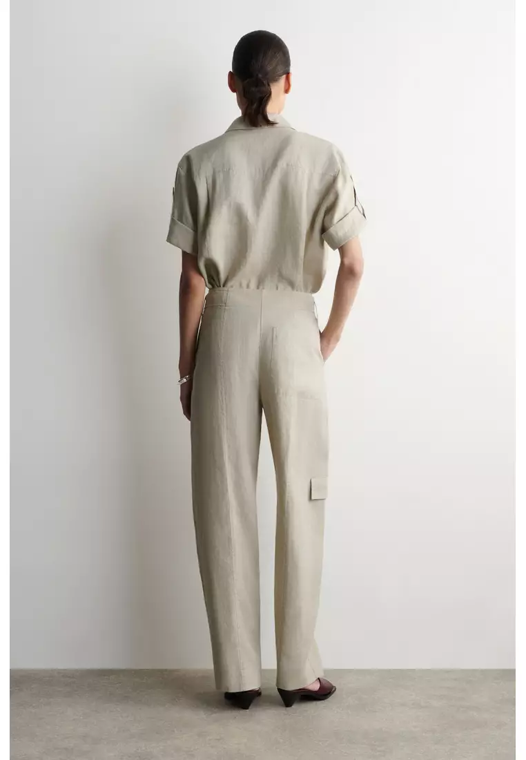 BELTED LINEN BARREL-LEG TROUSERS