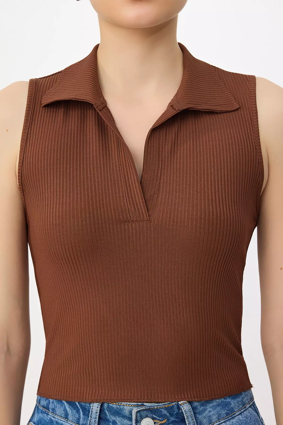 Brown Fitted/Bodycon Polo Neck Crop Stretchy Knitted Blouse Twoss22Bz335