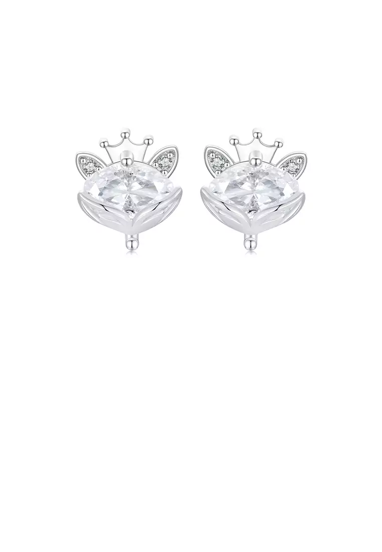 925 Sterling Silver Simple Cute Crown Fox Stud Earrings with Cubic Zirconia