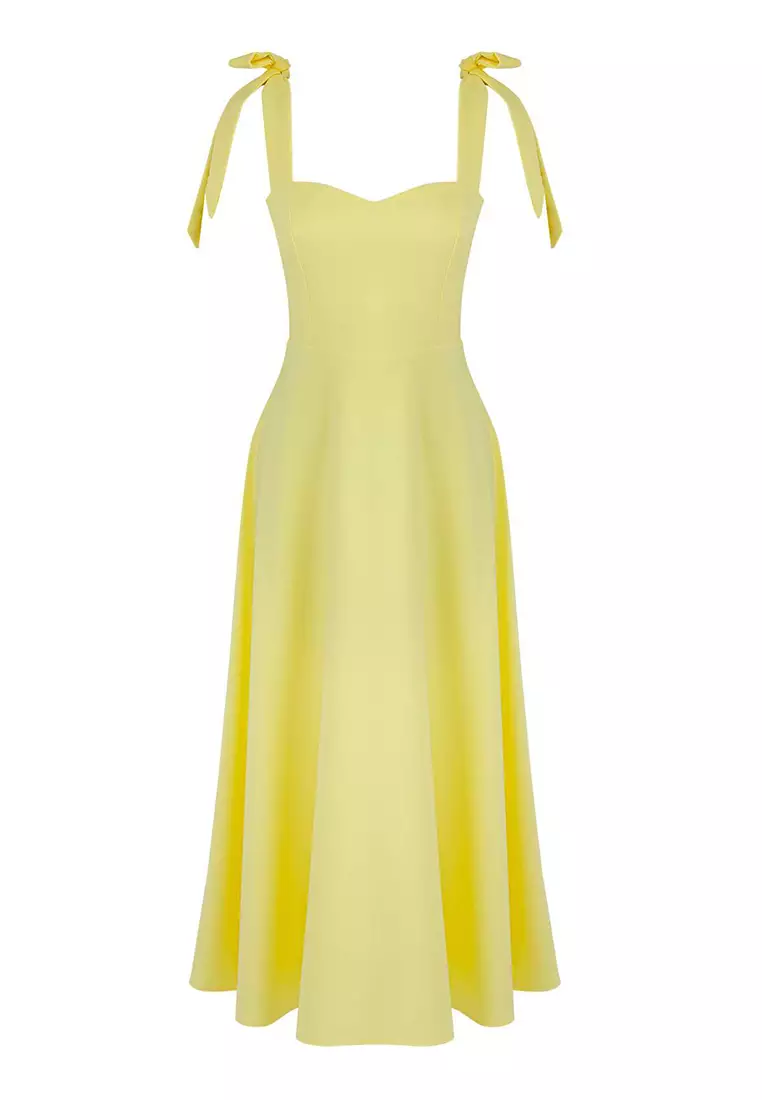 Light Yellow A Line Strap Lacing Detailing Midi Stylish Evening Dress