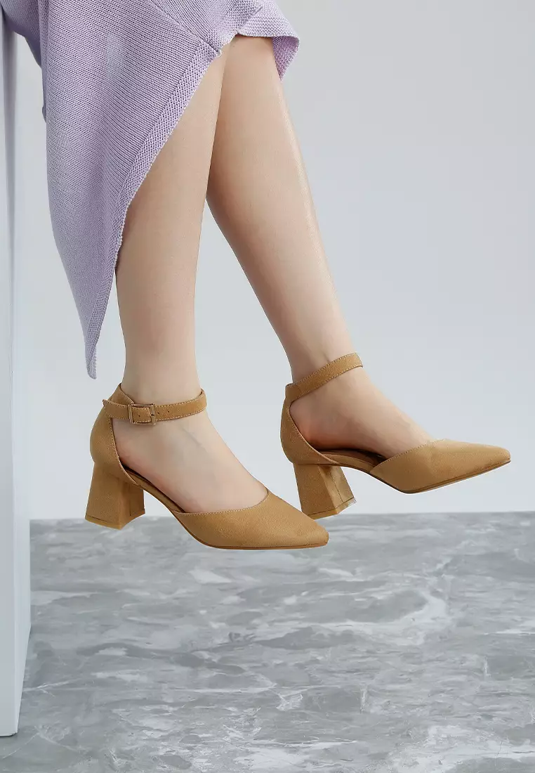 Microfiber Block Heel Sandals in Beige