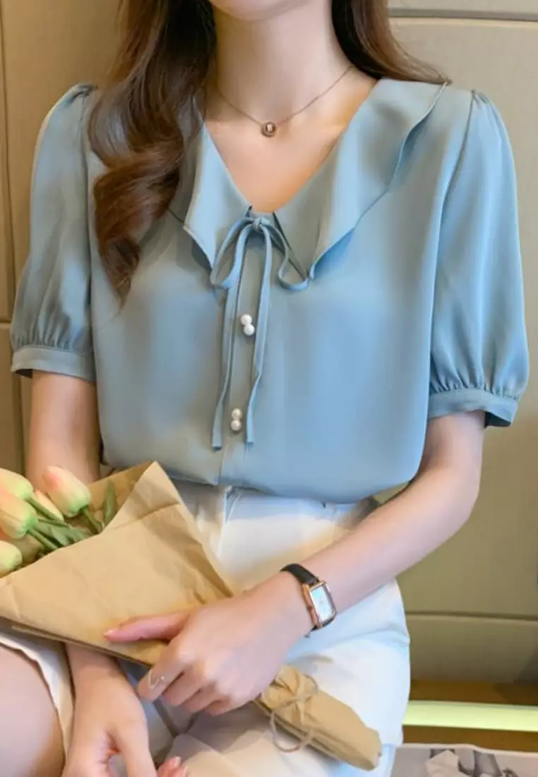 Buy Halo Puff Sleeve Ruffle Neck Top 2025 Online | ZALORA