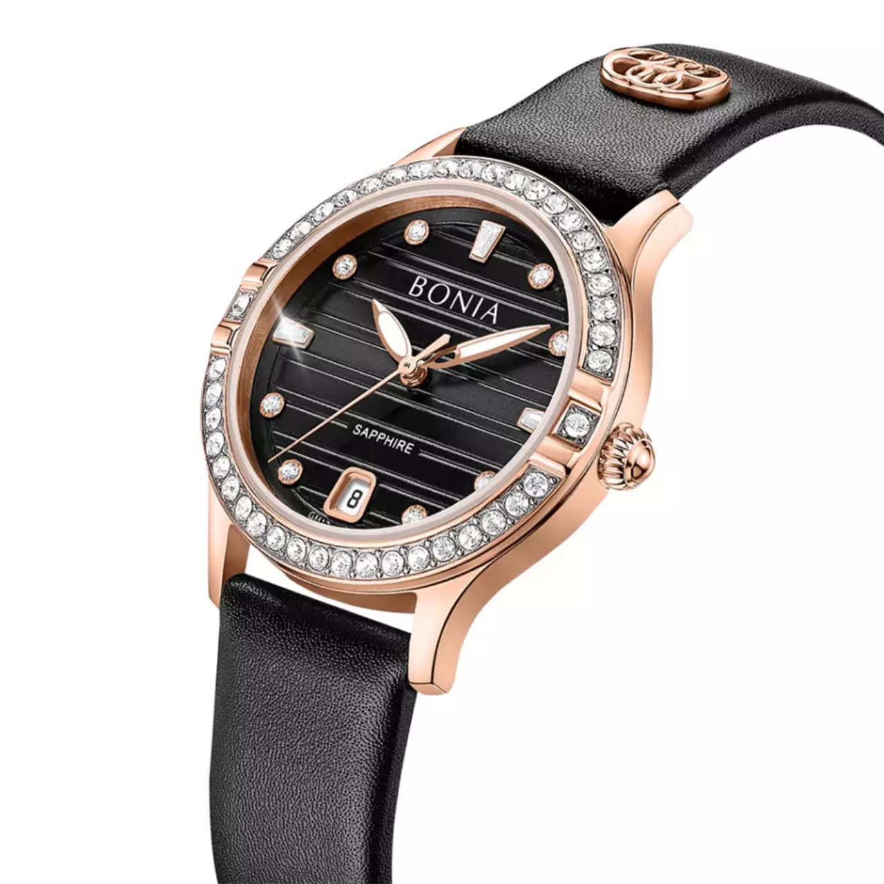 Bonia Jam Tangan Wanita - Black Rosegold - Leather - B10869-2537S