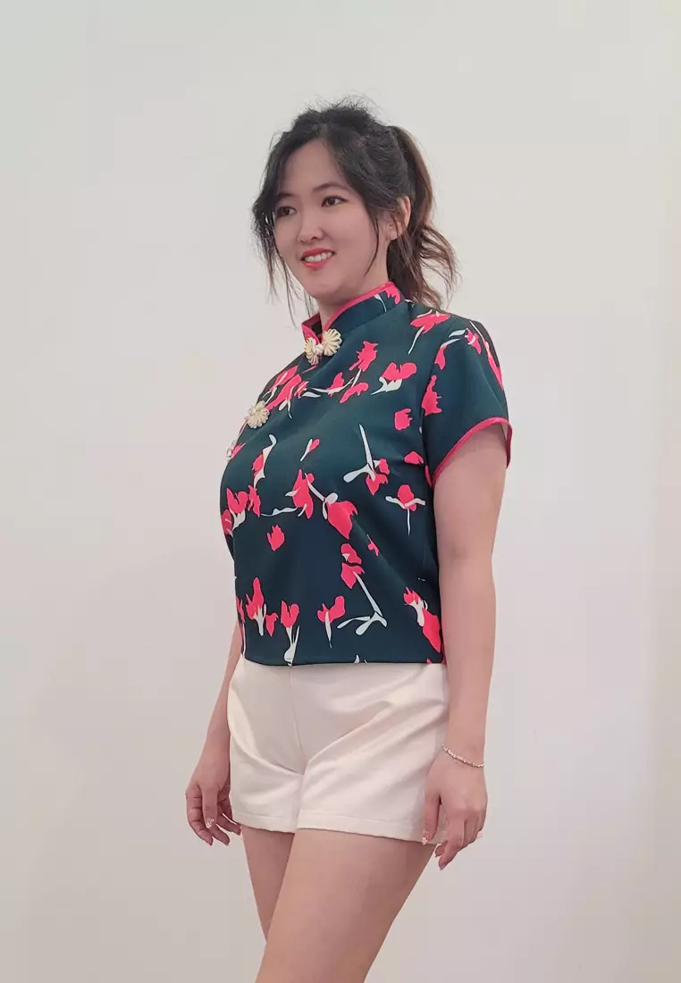 Ivory Cheongsam Top in Dark Green Pink Printed