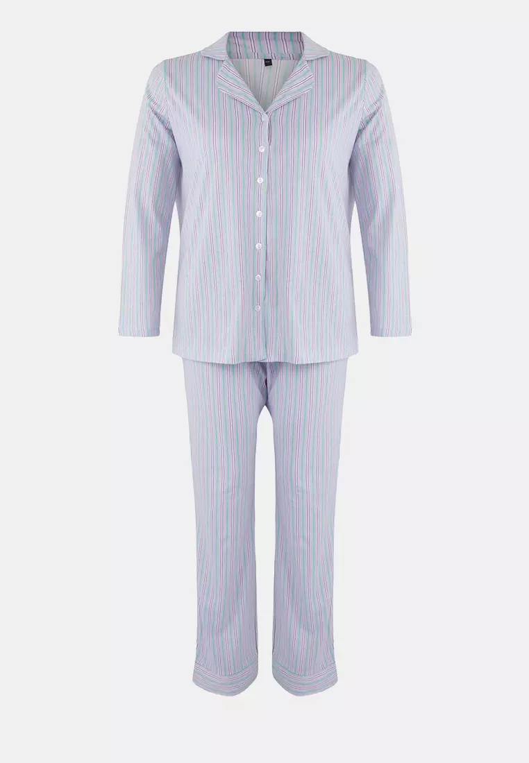 Lilac 100% Cotton Striped Shirt-Pants Knitted Pajama Set Tbbaw26Ai00017