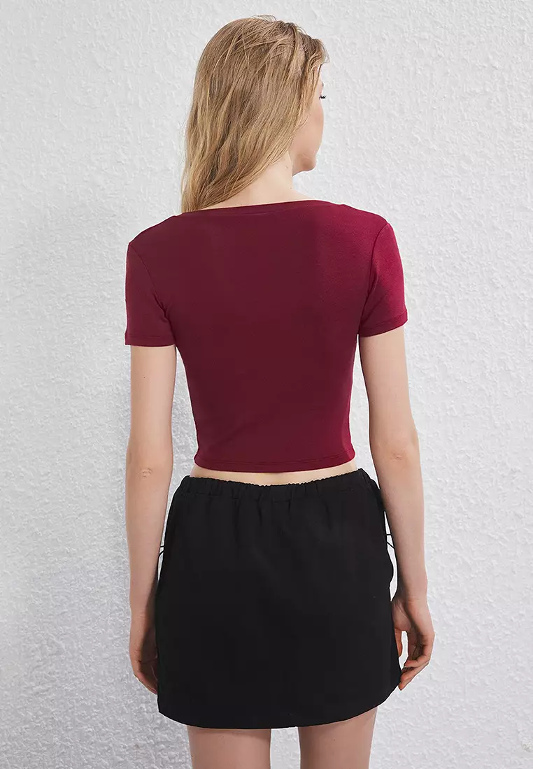 Black-Burgundy 2-Pack V-Neck Bodycon Crop Stretchy Knitted Blouse Twoss25Bz00504