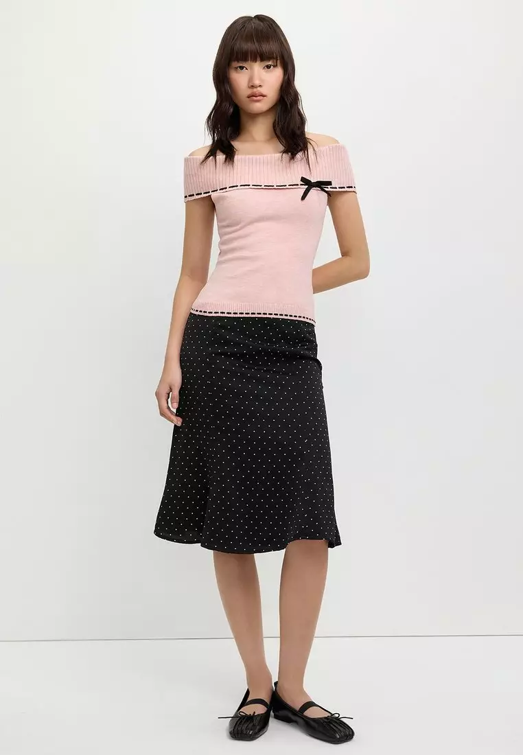 Buy Pomelo Tie-Front Off-Shoulder Ribbon Trim Knitted Top - Pink 2026 ...