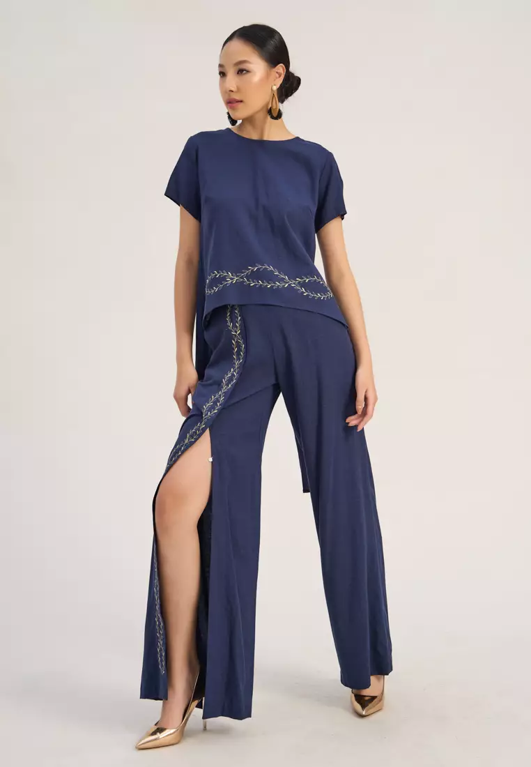 Navy Embroidery Linen Blouse