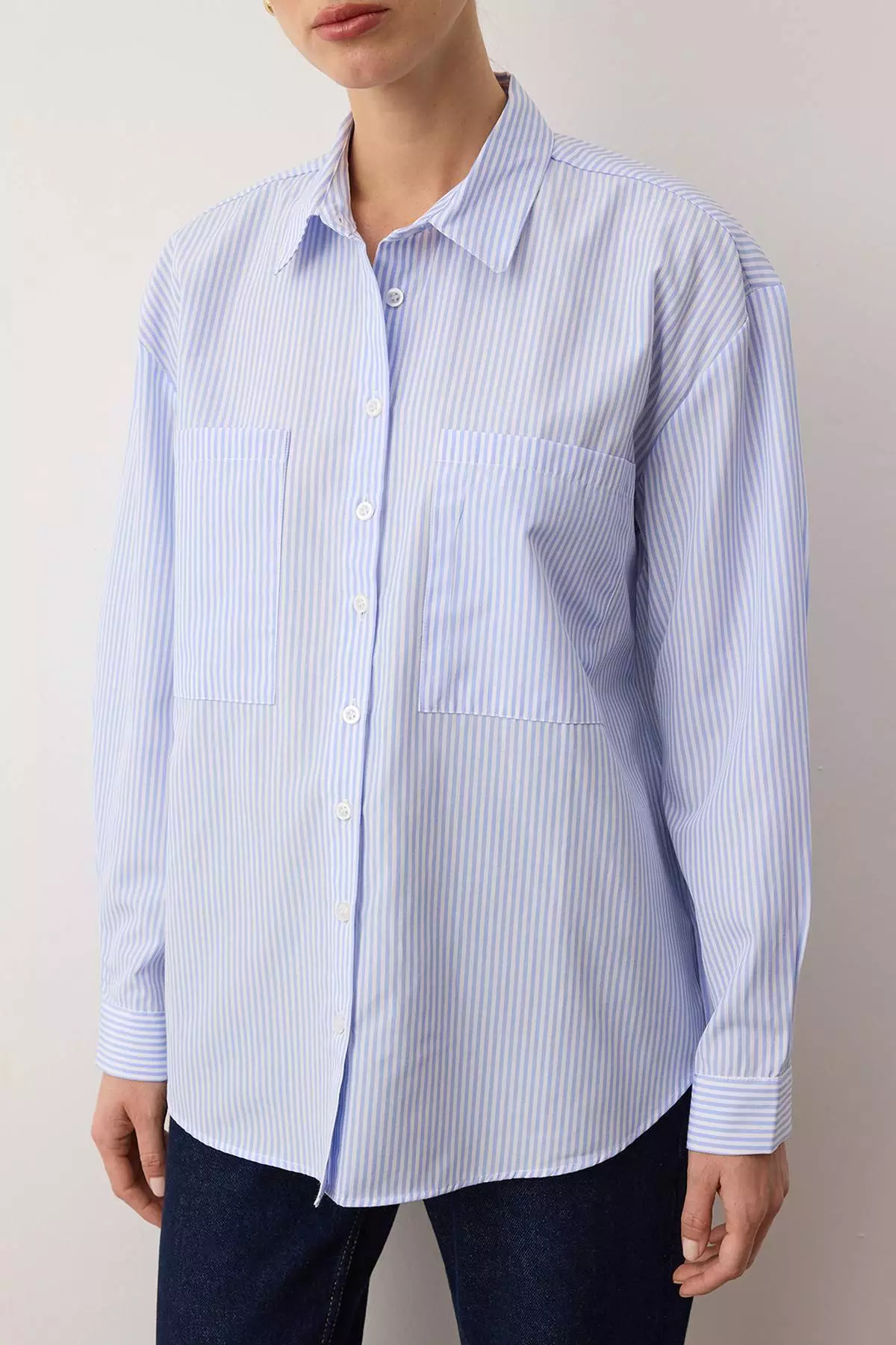 Blue Striped Pocket Detail Oversized/Wide Fit Woven Shirt
