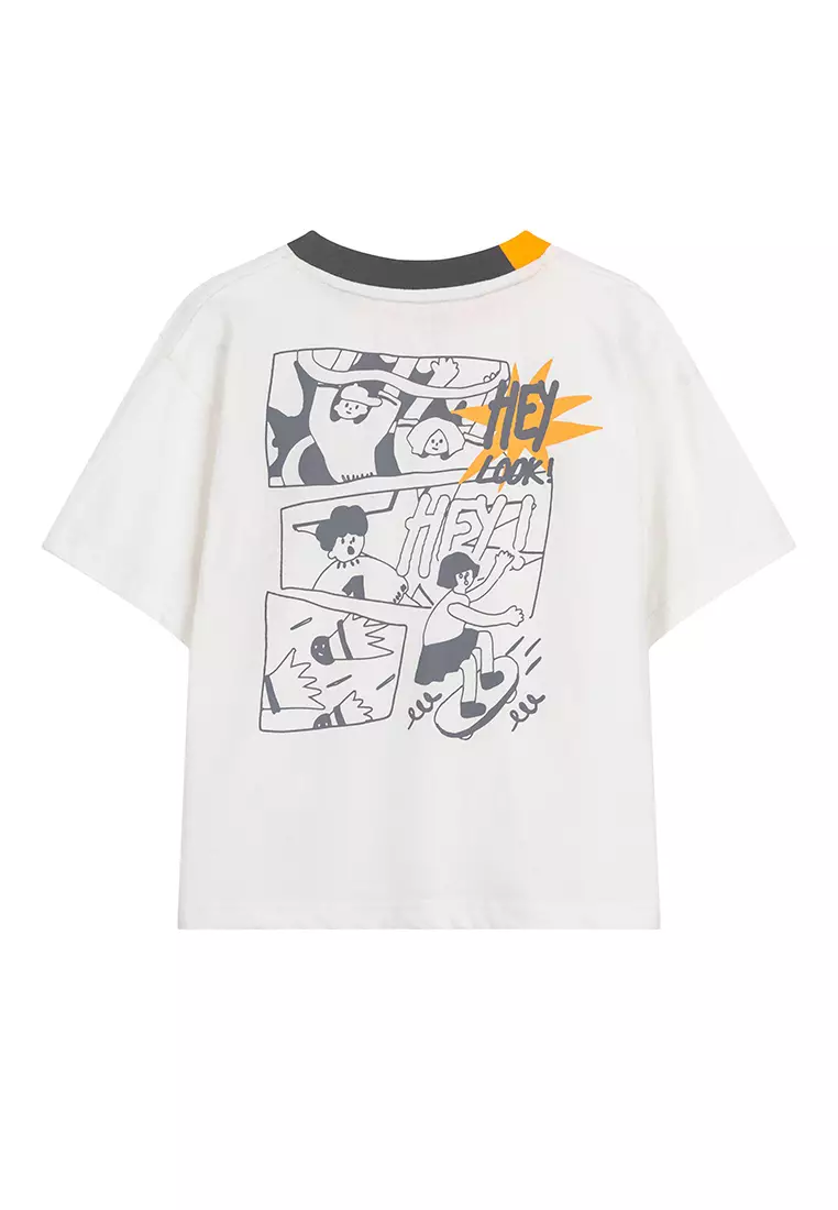 男童短袖T恤撞色圆领漫画印花棉布T恤