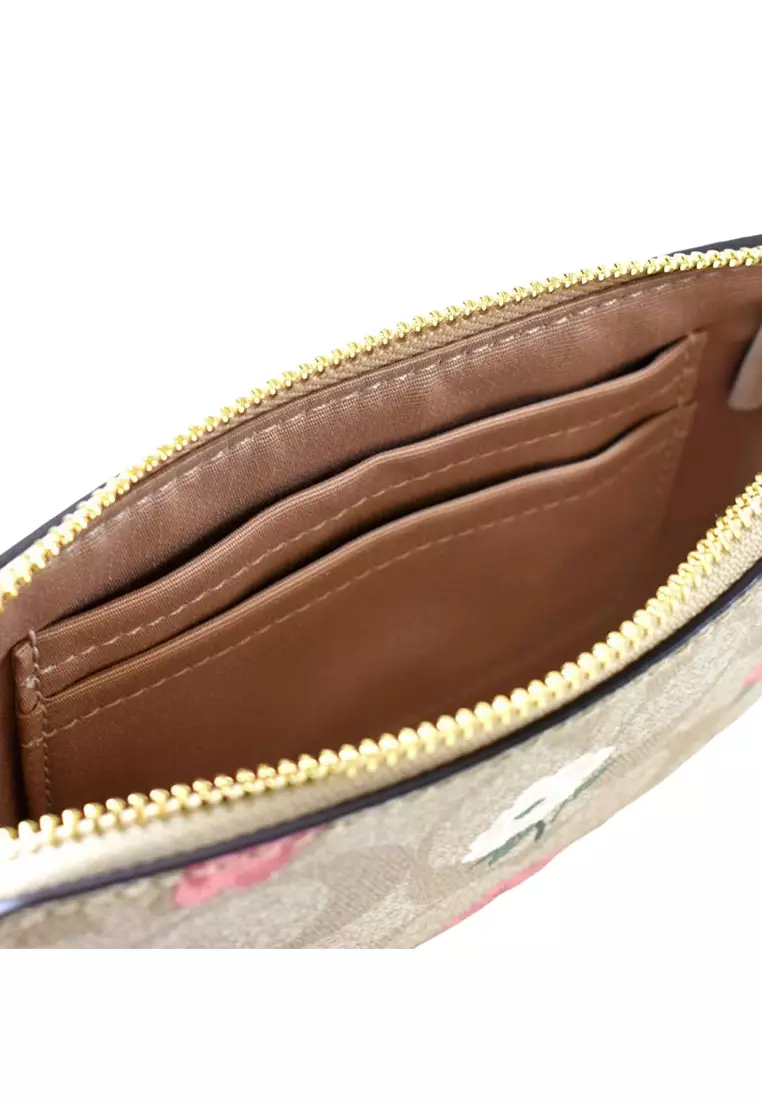 Corner Zip Wristlet In Signature Canvas With Floral Print - Light Brown