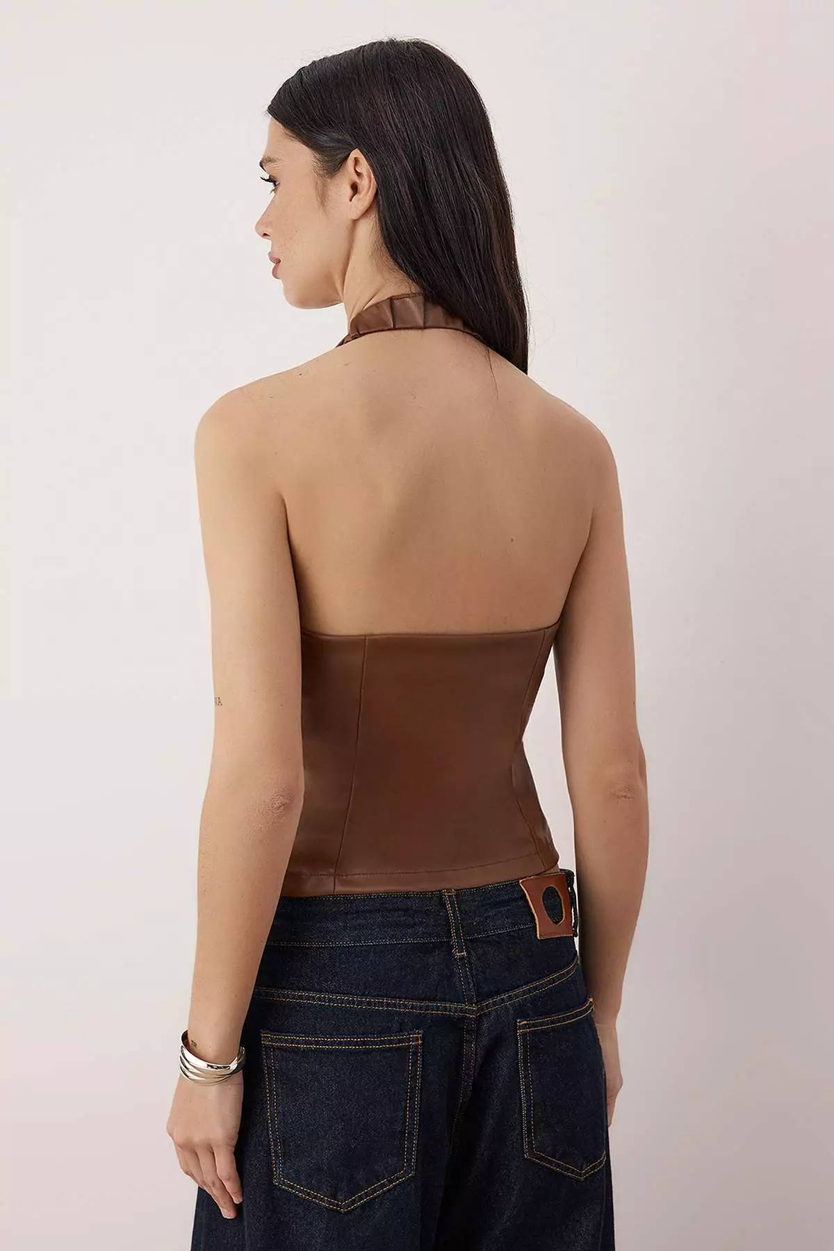Dark Brown V-Neck Faux Leather Zipper Detail Party Blouse Tpraw26Bz68