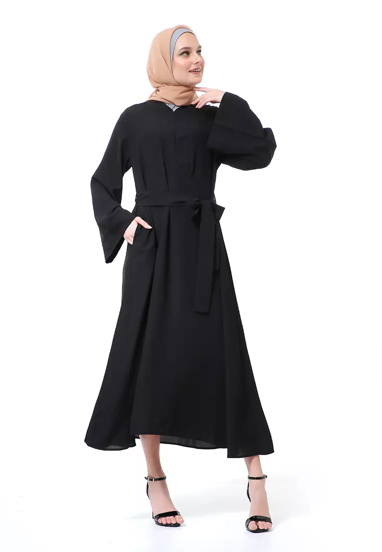 Khalisa Aiza Long Abaya Gamis Self Tie Belt Premium High Quality - Black