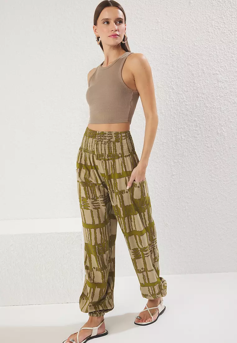 Khaki Ethnic Patterned Trousers Elasticated Shalwar Form Woven Trousers TWOSS25PL00063