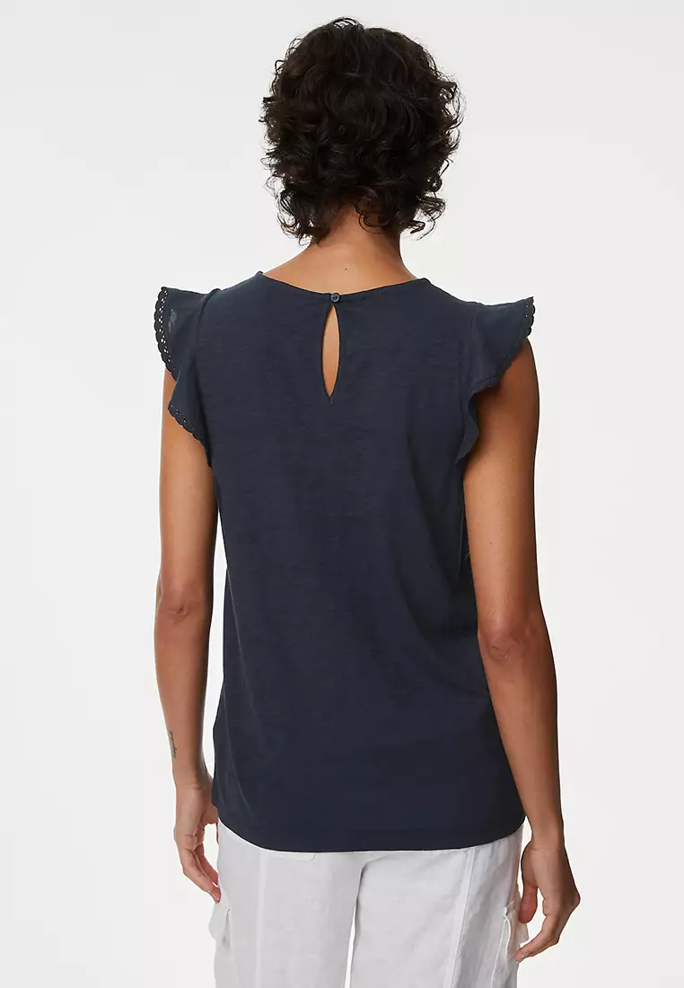 Pure Cotton Embroidered Frill Detail Top