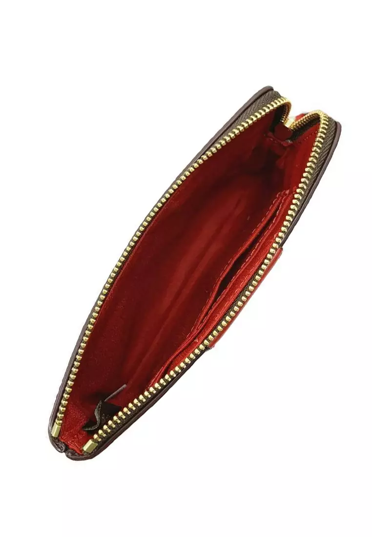 Corner Zip Wristlet In Signature Canvas With Stripe - Walnut/Bold Red