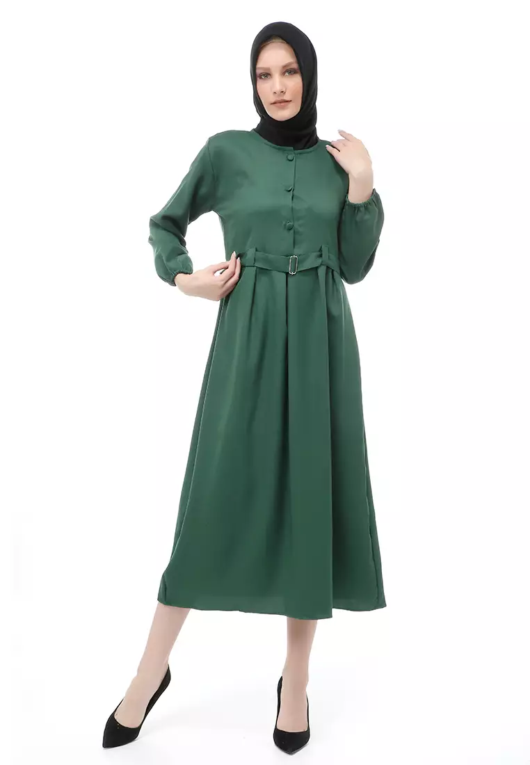 Berliana Gamis Muslimah Wanita With Belt Motif Polos Long Sleeve Relaxed Fit - Army