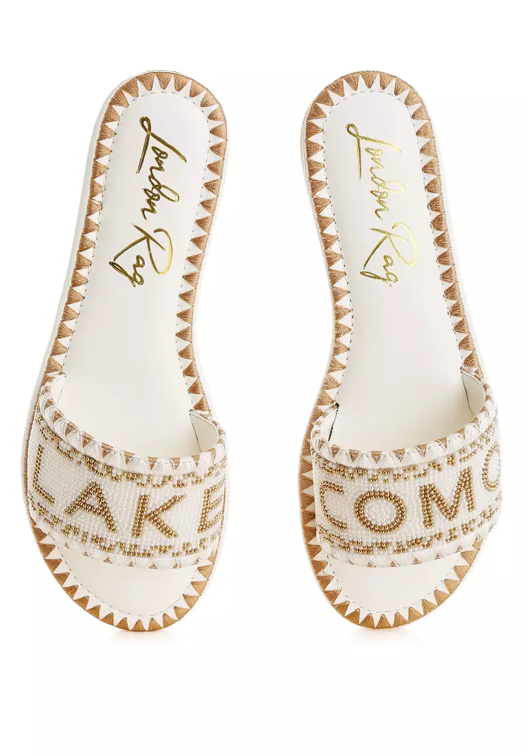 Beaded Lake Como Flat Slip Ons In Beige