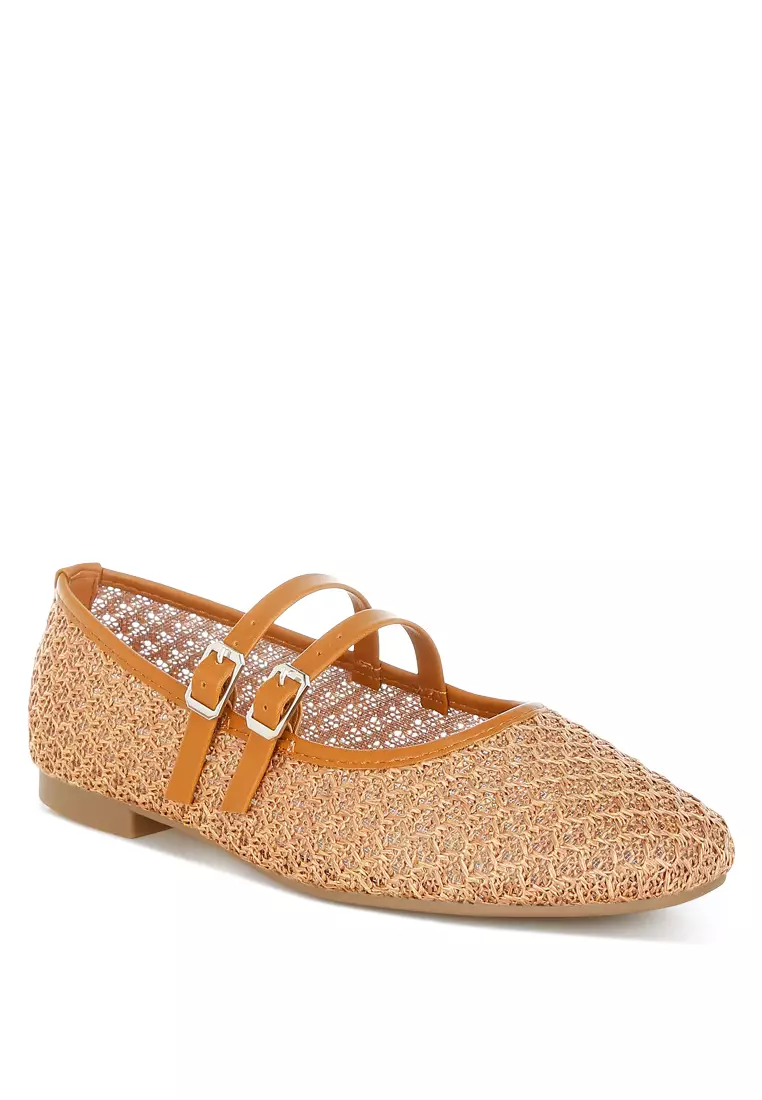 Pin Buckle Strapped Ballerinas In Tan