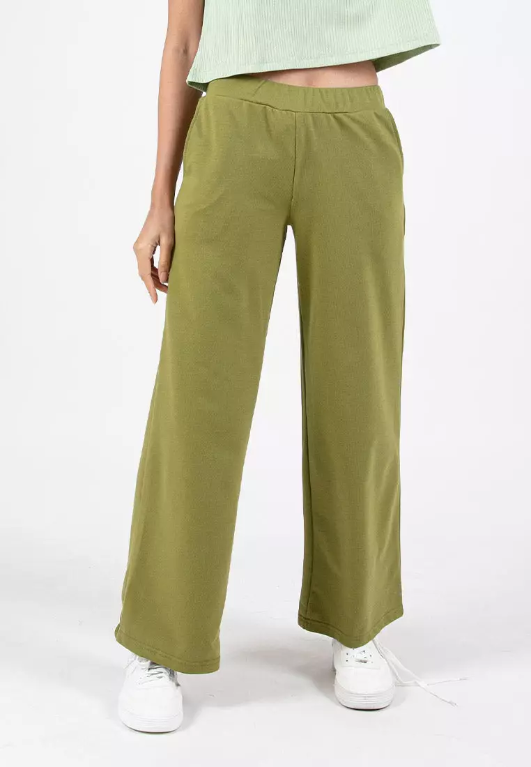 Forest Ladies Cotton Terry Wide Leg Pants Women Casual Long Pants - 810544-48Olive