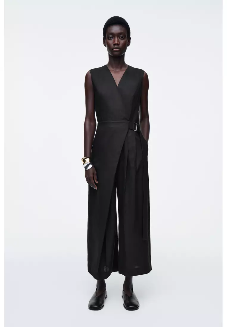 WRAP-FRONT LINEN JUMPSUIT