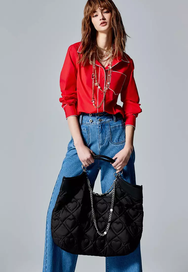 Red Blouse With Contrast White Trim Detail