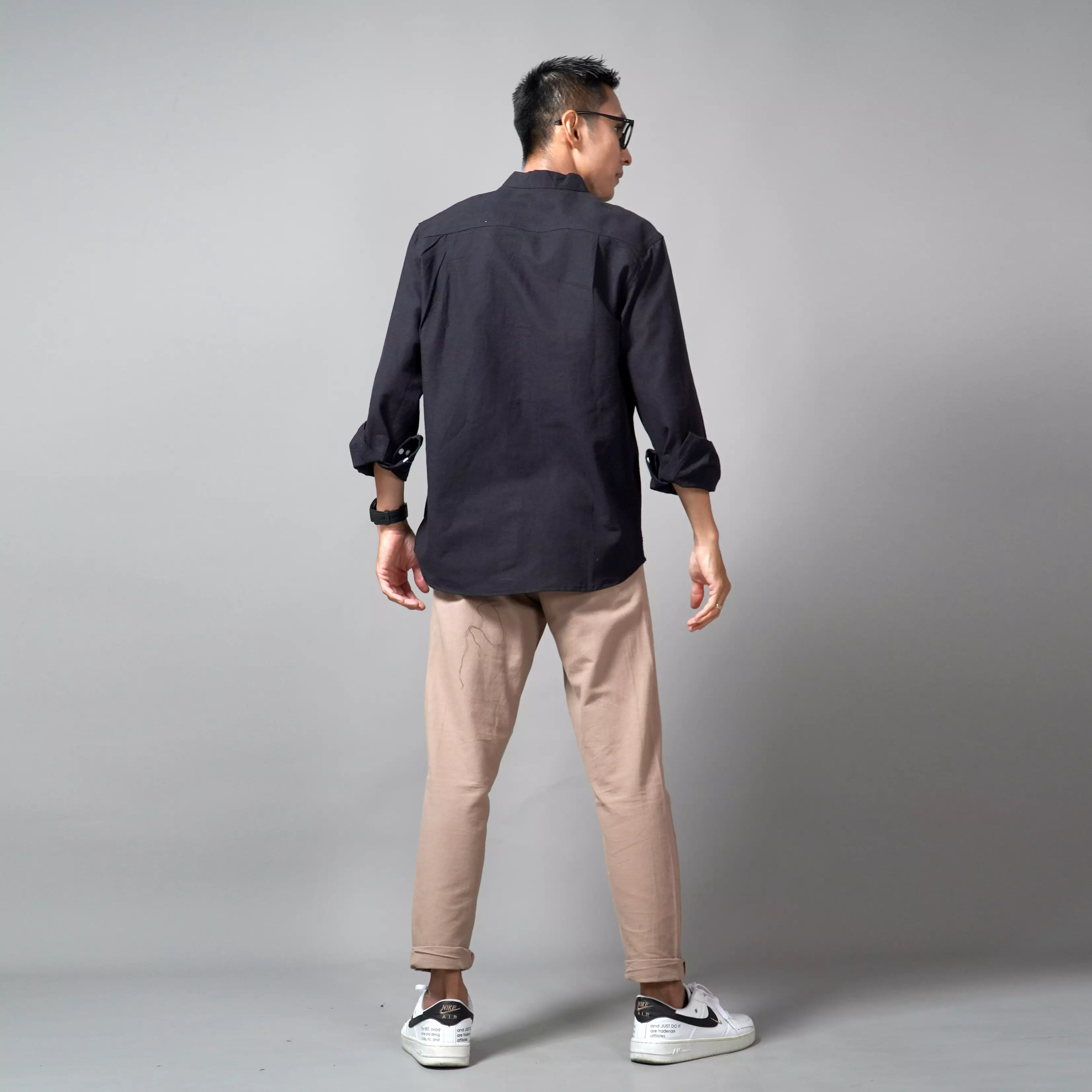 ASHRAF Kemeja Pria Casual Linen Baju Koko Kemeja Lengan Panjang - Hitam