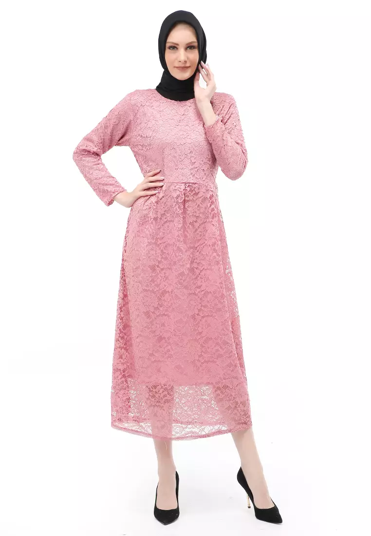 Alveera Gamis Brukat Muslimah Long Dress Regular Fit - Dusty