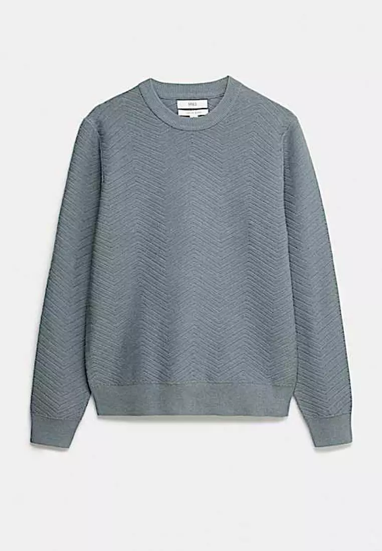 Cotton Blend Herringbone Crew neck Jumper