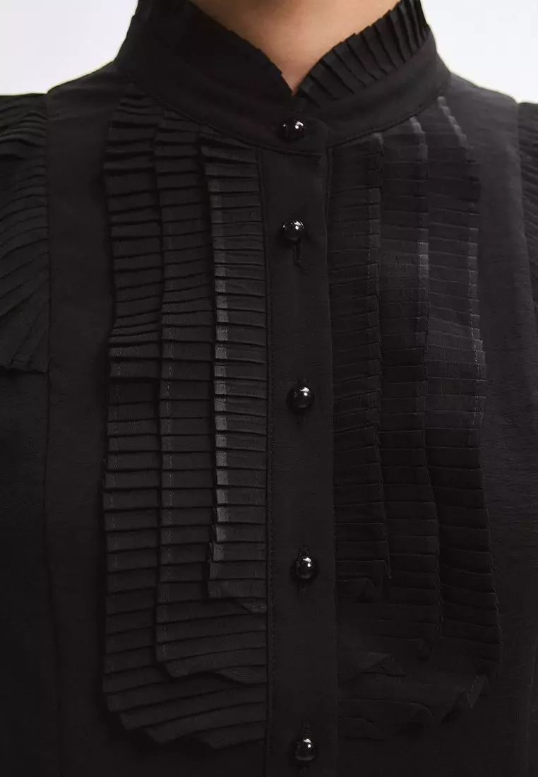 Ruffled Placket Top - Black