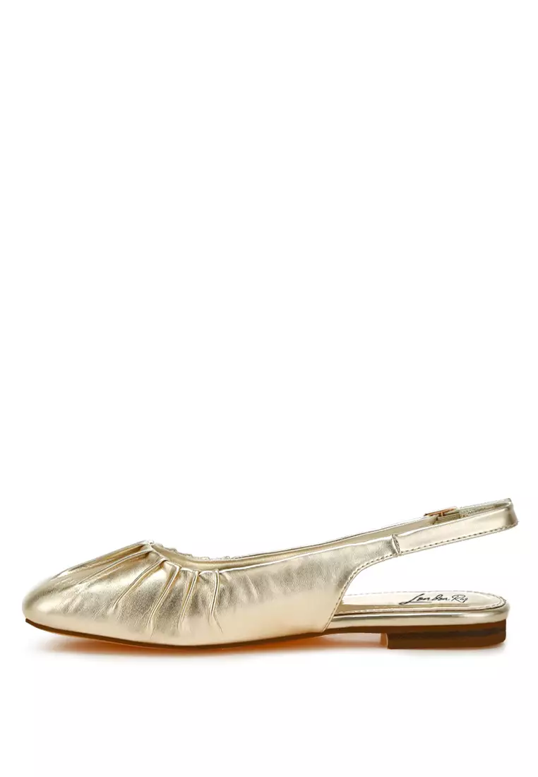 Sepatu Slingback Datar Ujung Persegi Metalik Warna Emas