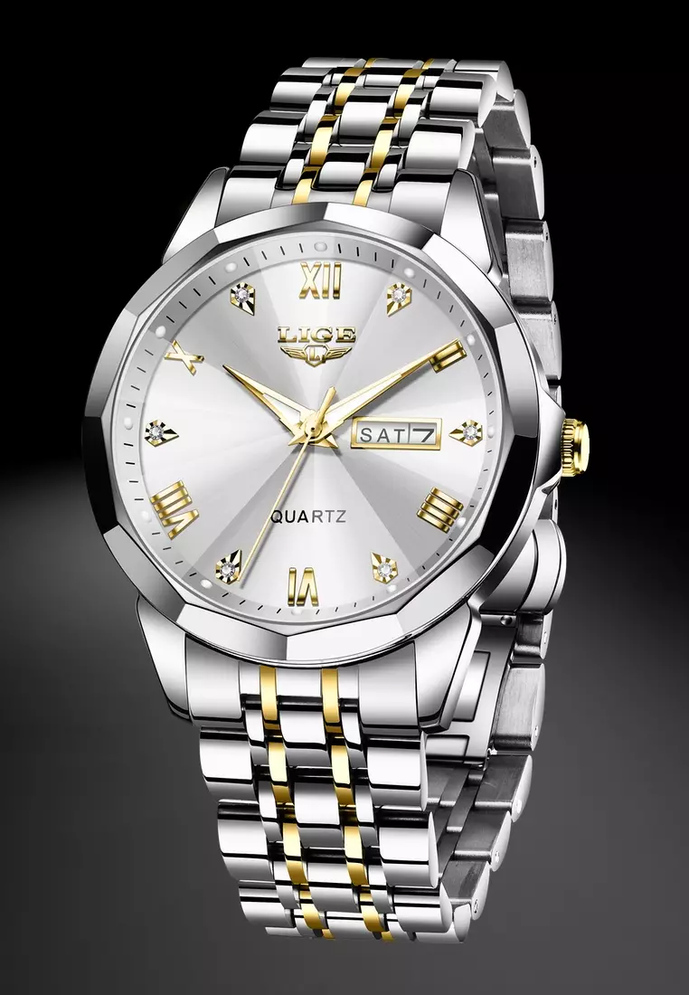 Unisex Stainless Steel Quartz Watch, Grey Dial, Day/Date, Stainless Steel Bracelet