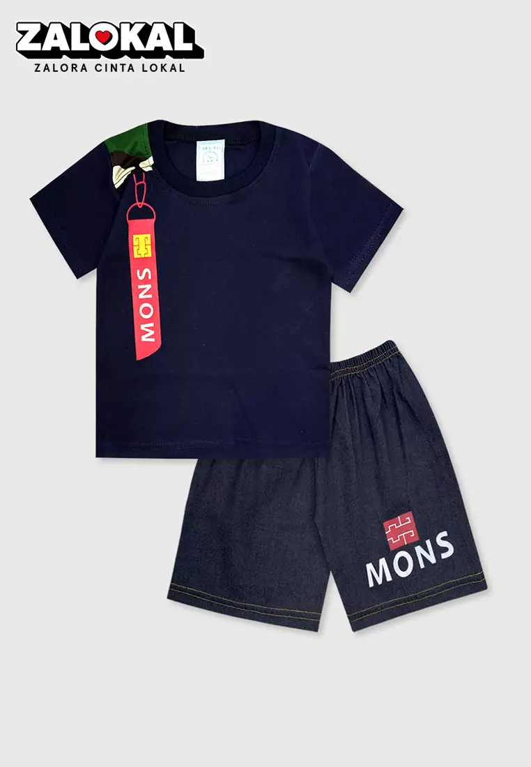 Wakakids Setelan Bayi Laki Laki Usia 6 Bulan Hingga 12 Bulan Baju Oblong Lengan Pendek Celana Jeans Motif Mons Army 2993 Navy