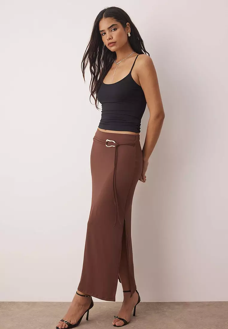 Brown Belt Detailed Slit Maxi Knitted Skirt Twoss25Et00215
