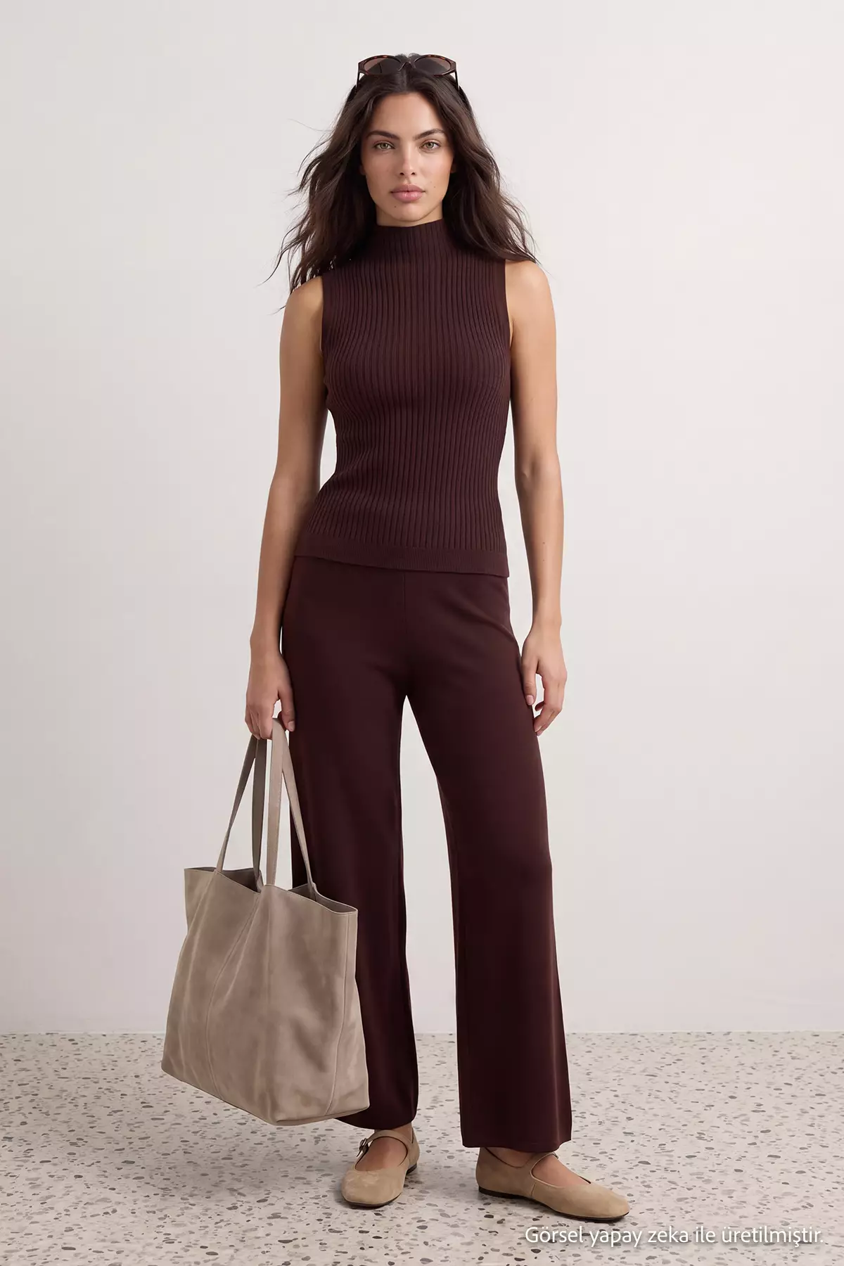 Brown Accessory Detailed 3-Piece Cardigan-Blouse-Pants Knitwear Set