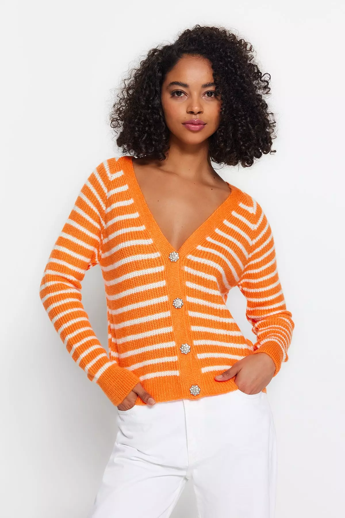 Orange and shop white striped cardigan