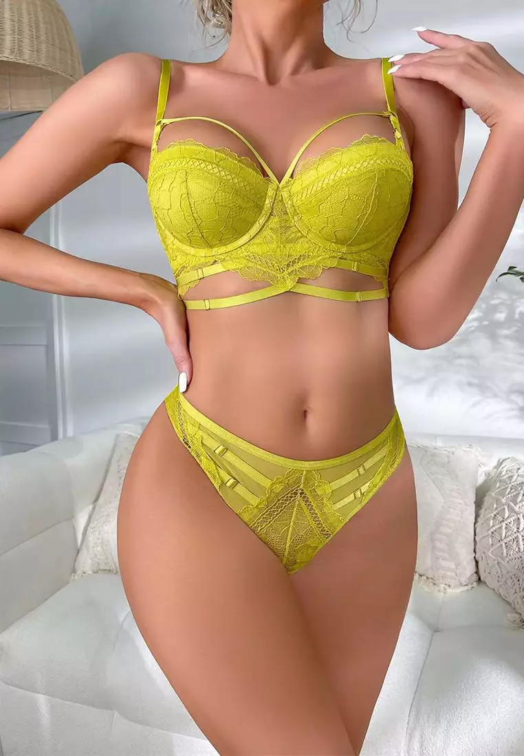 Color-blocking Push-up Sexy Bra Set With Hollow Out Lace G-string Underwear  Set