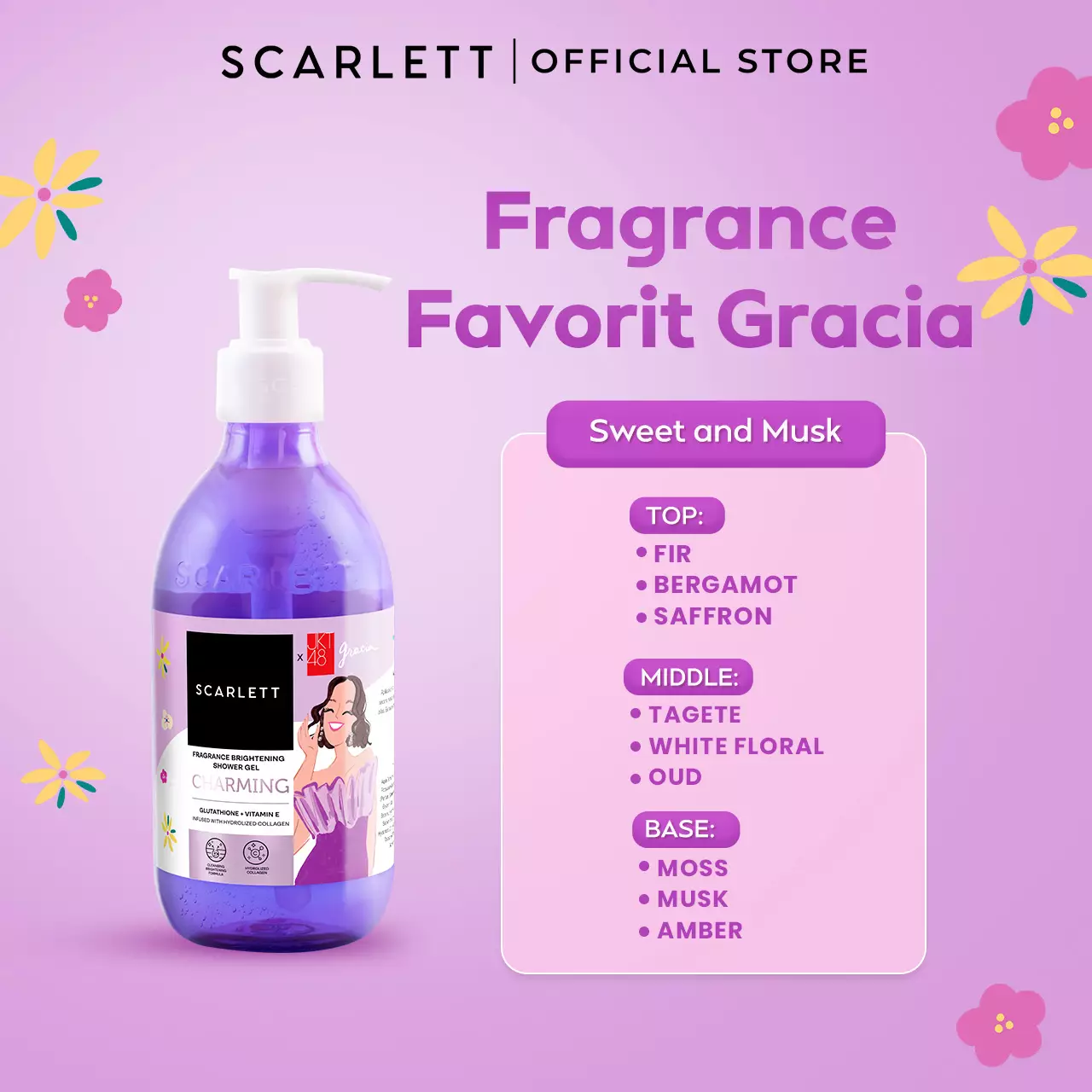 Scarlett Fragrance Brightening Shower Gel Charming | Body Wash | Sabun Mandi Cair