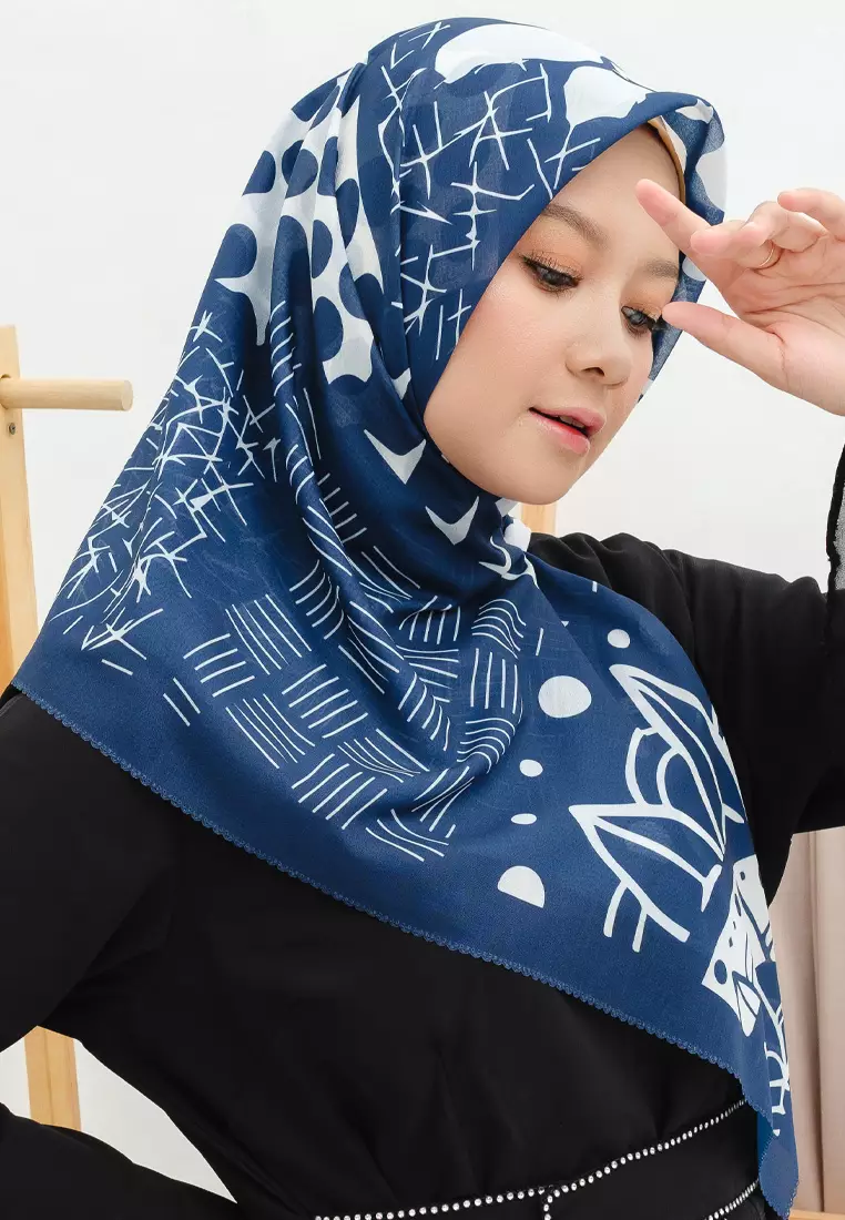 Malaya Signature Square Voile Scarf Hijab Segi Empat Blue on White