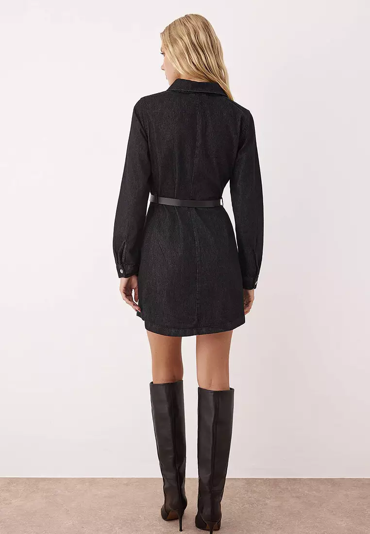 Black Shirt Collar Belted Long Sleeve Mini Denim Dress Twoaw26El00050