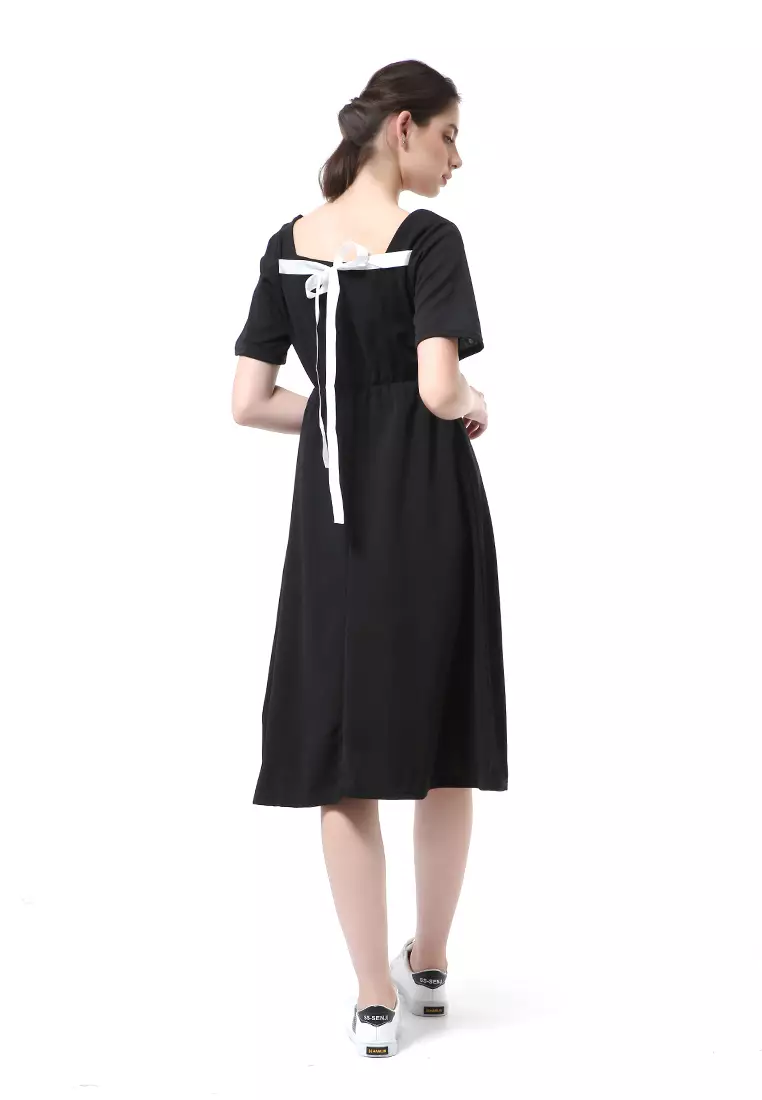 Rachel Long Dress Wanita Lengan Pendek Motif Polos Material Cotton ORIGINAL - Black