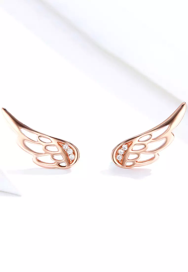 Solid 925 Sterling Silver Free Me Angel Wing Rose Gold Stud Earrings